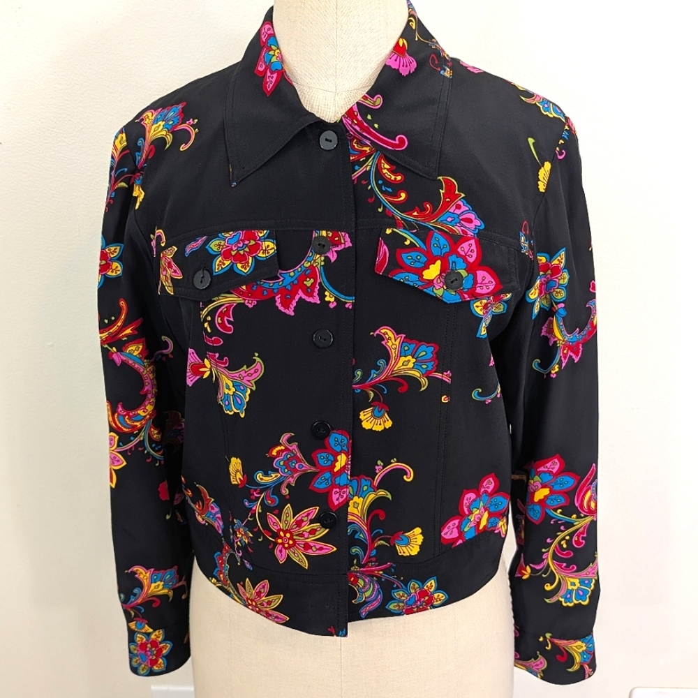 Vintage silk dark floral, long sleeve, crop jacket. Maggy L. 8P